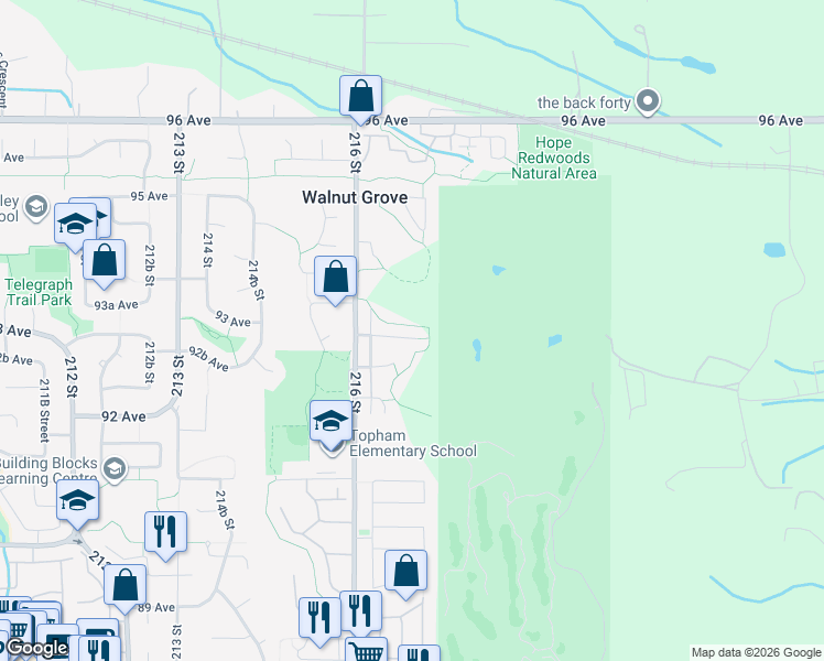 map of restaurants, bars, coffee shops, grocery stores, and more near 21673 93 Avenue in Langley City