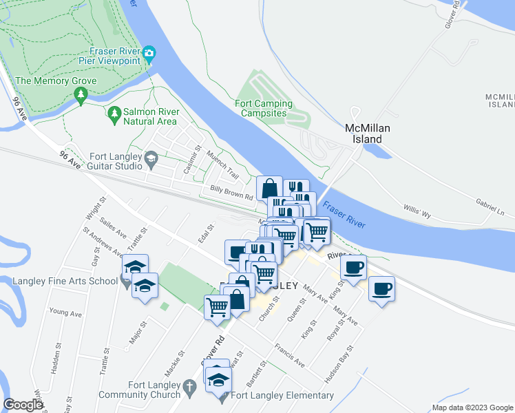map of restaurants, bars, coffee shops, grocery stores, and more near 23230 Billy Brown Road in Langley Township
