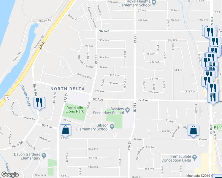 map of restaurants, bars, coffee shops, grocery stores, and more near 11475 92A Avenue in Delta