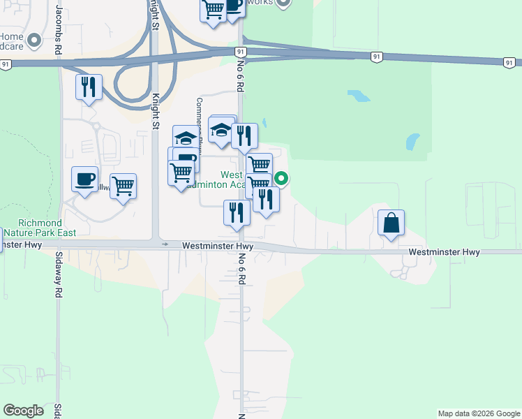 map of restaurants, bars, coffee shops, grocery stores, and more near 5930 Number 6 Road in Richmond