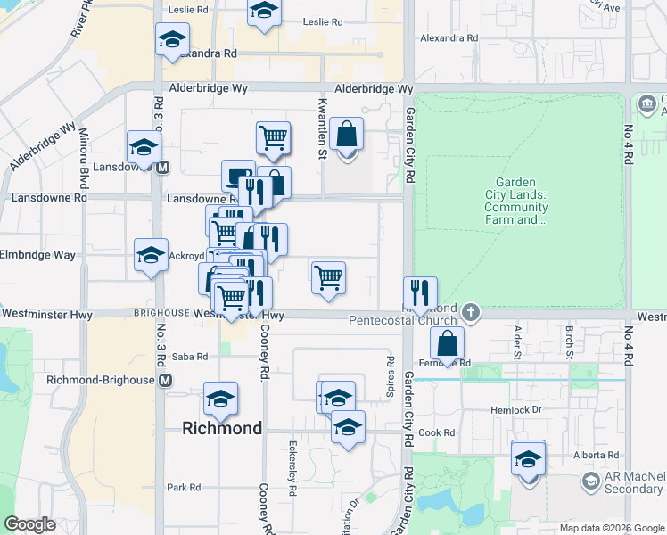 map of restaurants, bars, coffee shops, grocery stores, and more near 8600 Ackroyd Road in Richmond