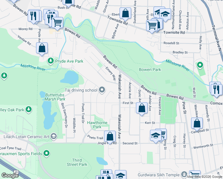 map of restaurants, bars, coffee shops, grocery stores, and more near 529 Pinnacle Place in Nanaimo