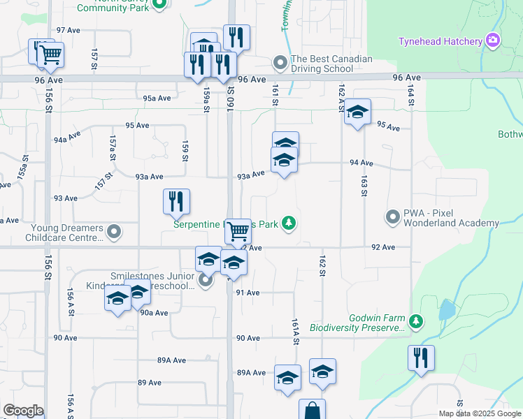 map of restaurants, bars, coffee shops, grocery stores, and more near 9281 161 Street in Surrey