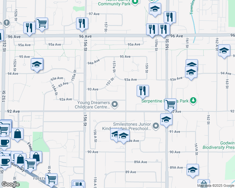 map of restaurants, bars, coffee shops, grocery stores, and more near 15772 92B Avenue in Surrey