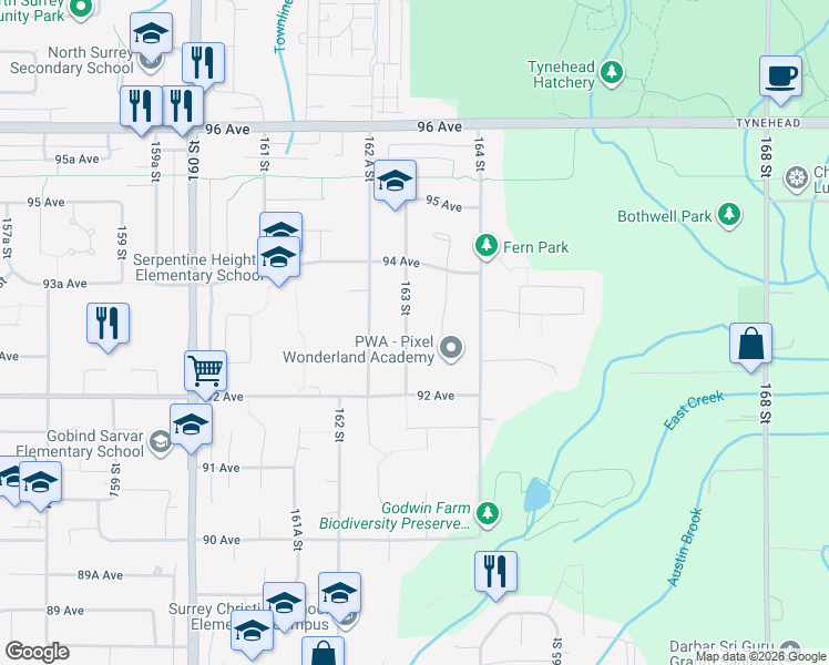 map of restaurants, bars, coffee shops, grocery stores, and more near 9312 163 Street in Surrey