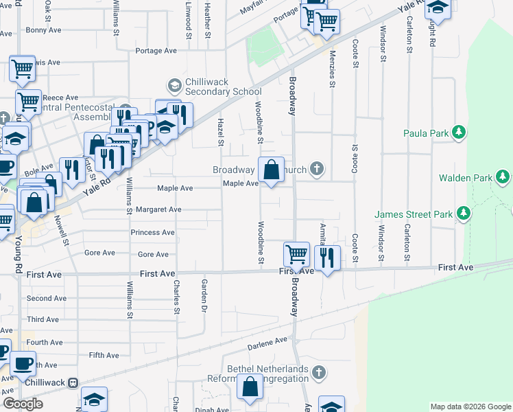 map of restaurants, bars, coffee shops, grocery stores, and more near 9335 Woodbine Street in Chilliwack