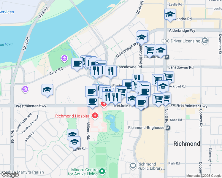 map of restaurants, bars, coffee shops, grocery stores, and more near 7360 Elmbridge Way in Richmond