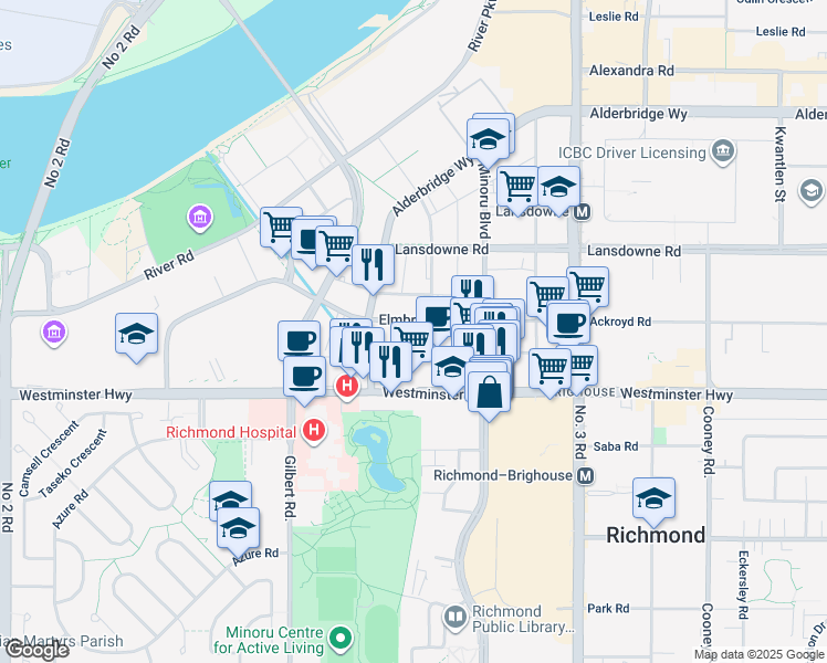 map of restaurants, bars, coffee shops, grocery stores, and more near 7380 Elmbridge Way in Richmond