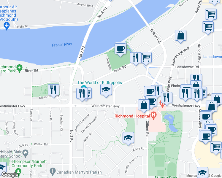 map of restaurants, bars, coffee shops, grocery stores, and more near 6651 Elmbridge Way in Richmond