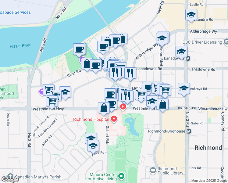 map of restaurants, bars, coffee shops, grocery stores, and more near 5788 Gilbert Road in Richmond