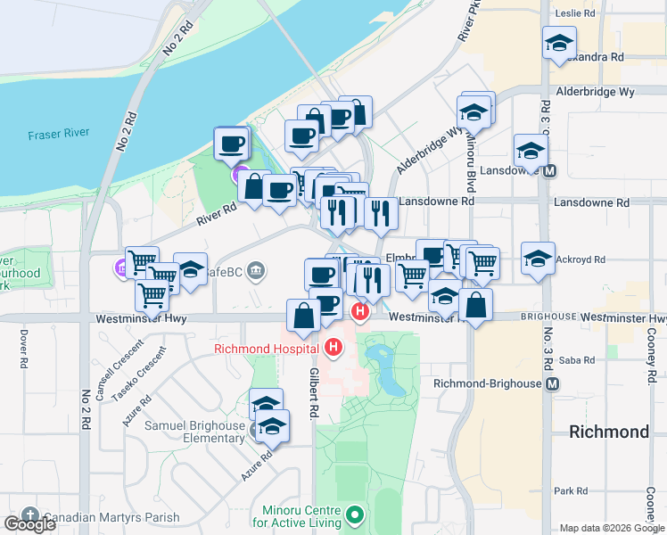 map of restaurants, bars, coffee shops, grocery stores, and more near in Richmond
