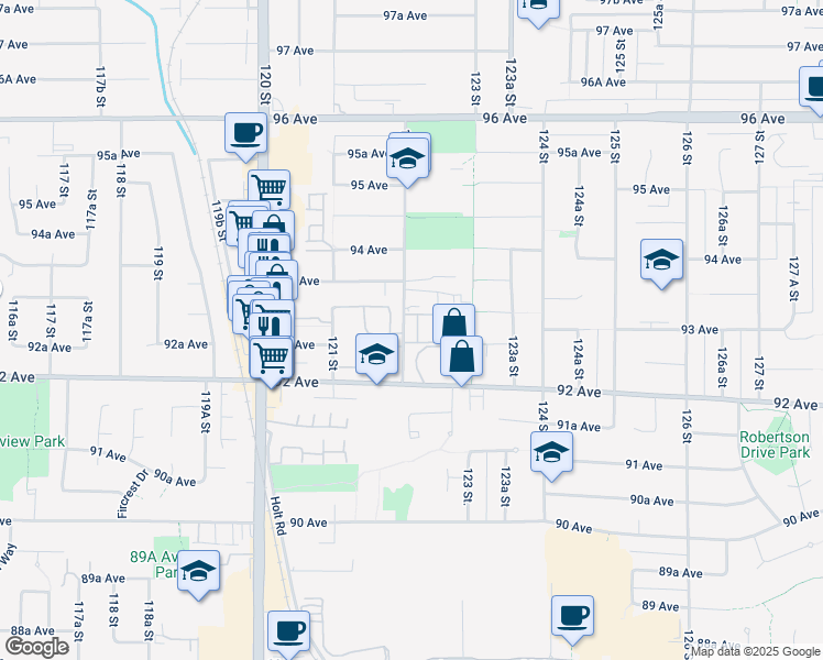 map of restaurants, bars, coffee shops, grocery stores, and more near 9264 122 Street in Surrey