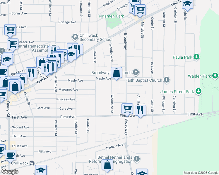 map of restaurants, bars, coffee shops, grocery stores, and more near 9335 Woodbine Street in Chilliwack