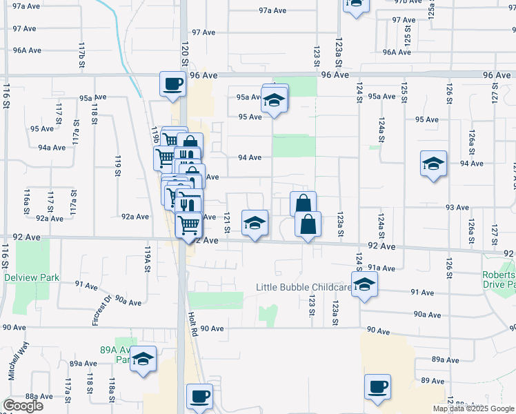 map of restaurants, bars, coffee shops, grocery stores, and more near 9259 122 Street in Surrey