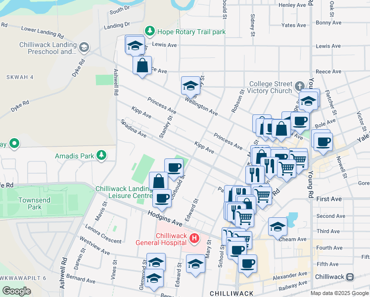 map of restaurants, bars, coffee shops, grocery stores, and more near 45577 Spadina Avenue in Chilliwack