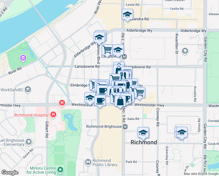 map of restaurants, bars, coffee shops, grocery stores, and more near 5891 Number 3 Road in Richmond