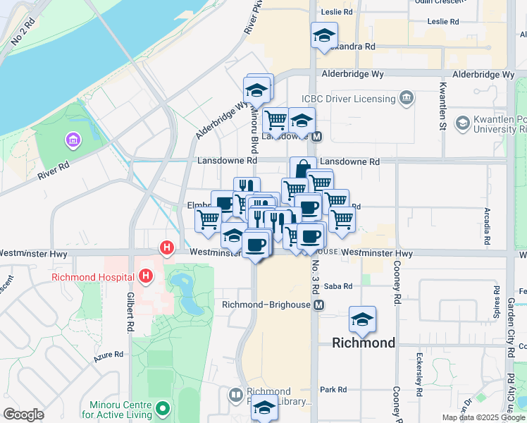 map of restaurants, bars, coffee shops, grocery stores, and more near 7788 Ackroyd Road in Richmond