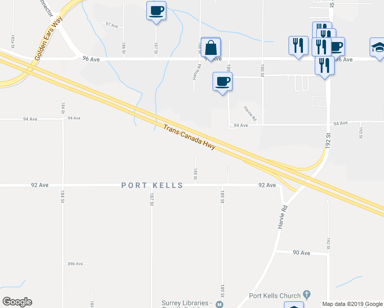 map of restaurants, bars, coffee shops, grocery stores, and more near 9317 188 Street in Surrey