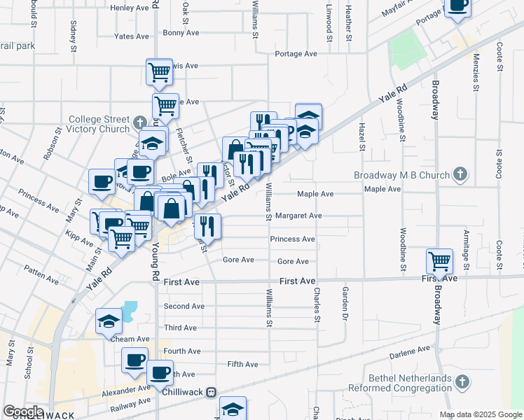 map of restaurants, bars, coffee shops, grocery stores, and more near 46199 Margaret Avenue in Chilliwack