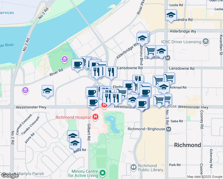 map of restaurants, bars, coffee shops, grocery stores, and more near 7360 Elmbridge Way in Richmond