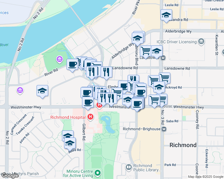 map of restaurants, bars, coffee shops, grocery stores, and more near 7362 Elmbridge Way in Richmond