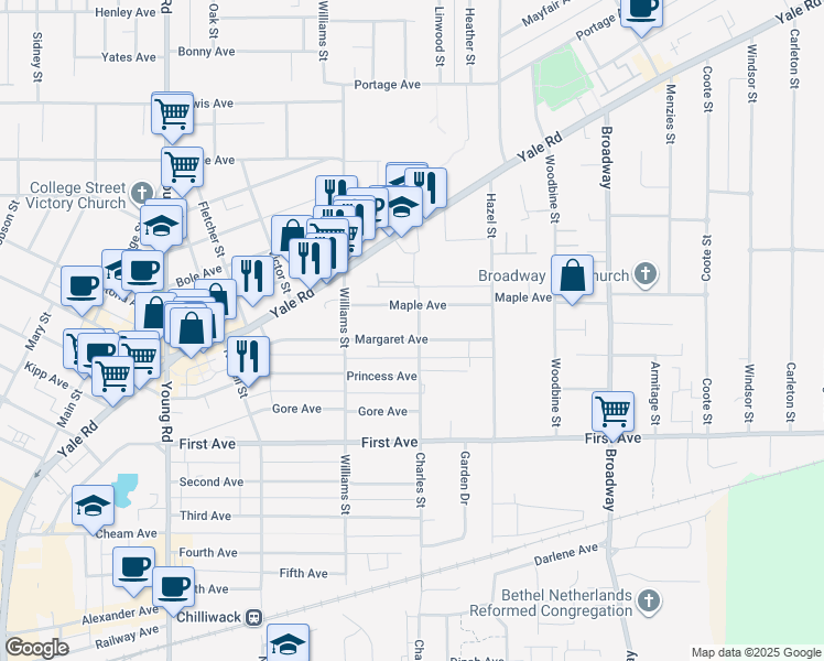 map of restaurants, bars, coffee shops, grocery stores, and more near in Chilliwack
