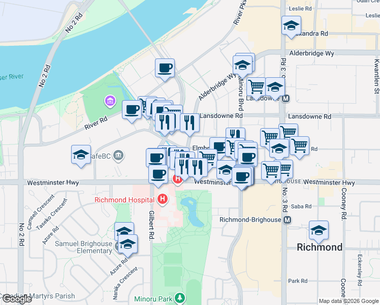 map of restaurants, bars, coffee shops, grocery stores, and more near 7360 Elmbridge Way in Richmond