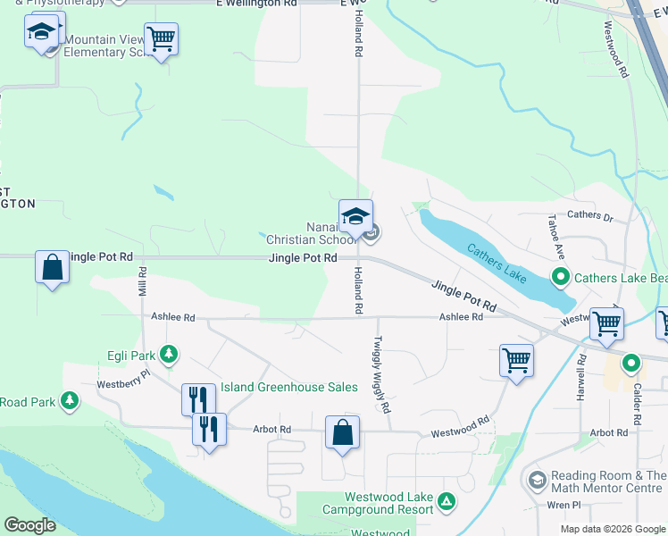 map of restaurants, bars, coffee shops, grocery stores, and more near 2333 Jingle Pot Road in Nanaimo