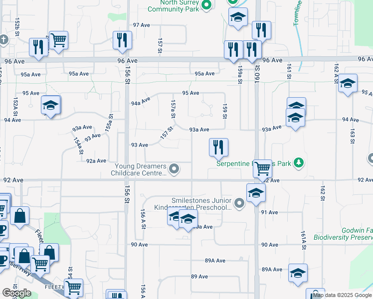 map of restaurants, bars, coffee shops, grocery stores, and more near 9291 158 Street in Surrey