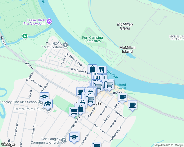 map of restaurants, bars, coffee shops, grocery stores, and more near in Langley Township