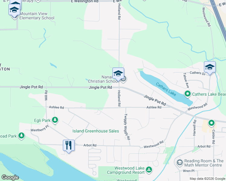 map of restaurants, bars, coffee shops, grocery stores, and more near 2333 Jingle Pot Road in Nanaimo