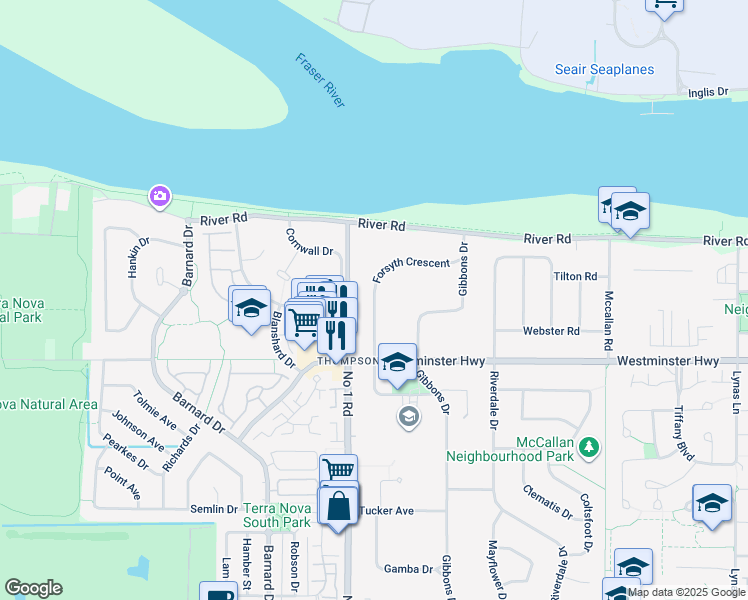 map of restaurants, bars, coffee shops, grocery stores, and more near Forsyth Crescent in Richmond