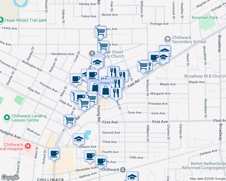 map of restaurants, bars, coffee shops, grocery stores, and more near 9341 Nowell Street in Chilliwack