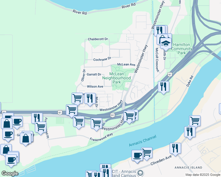 map of restaurants, bars, coffee shops, grocery stores, and more near 22326 Wilson Avenue in Richmond
