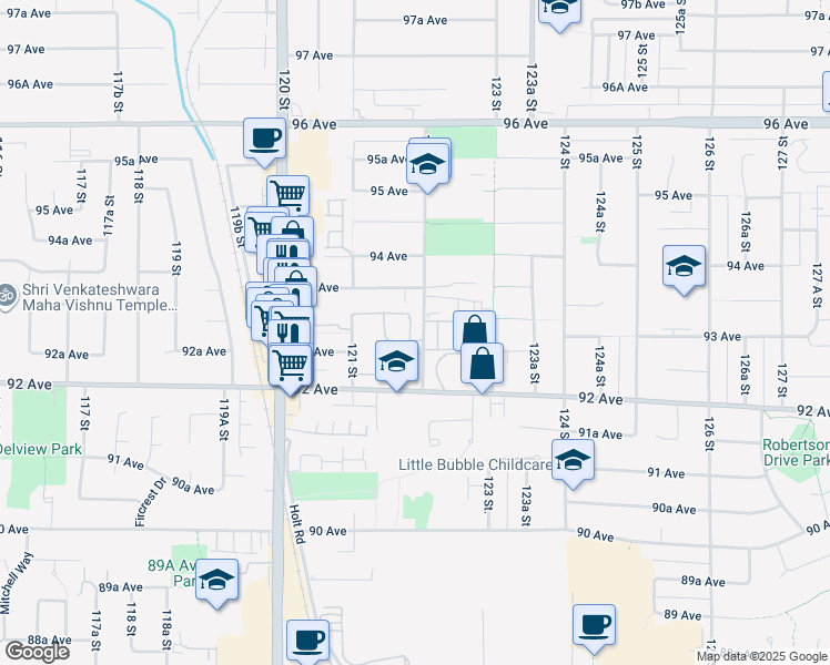 map of restaurants, bars, coffee shops, grocery stores, and more near 9261 122 Street in Surrey