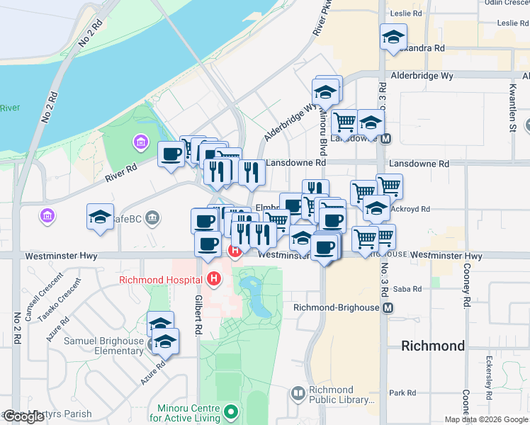 map of restaurants, bars, coffee shops, grocery stores, and more near 7362 Elmbridge Way in Richmond