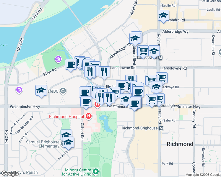 map of restaurants, bars, coffee shops, grocery stores, and more near in Richmond