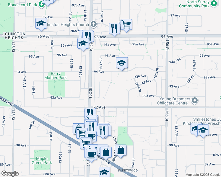 map of restaurants, bars, coffee shops, grocery stores, and more near 9310 153 Street in Surrey