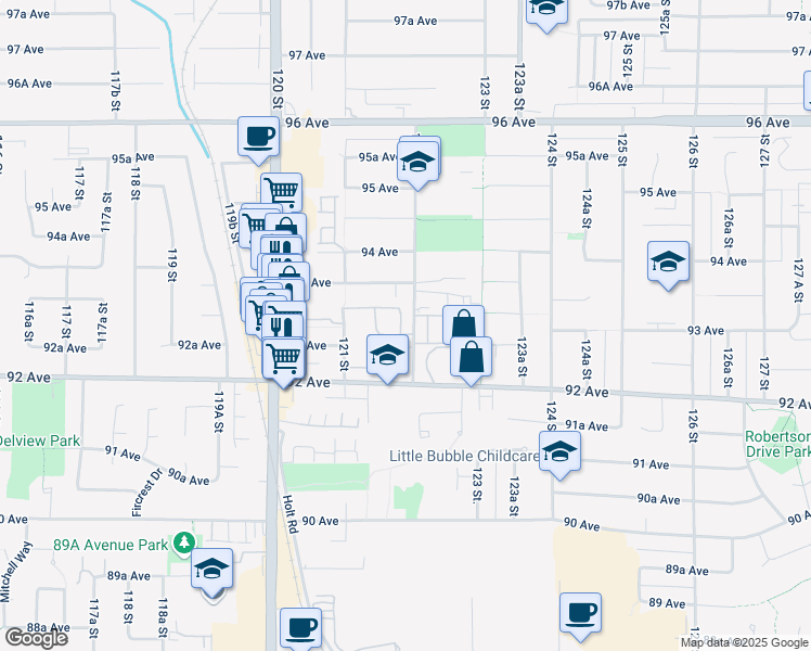 map of restaurants, bars, coffee shops, grocery stores, and more near 9261 122 Street in Surrey