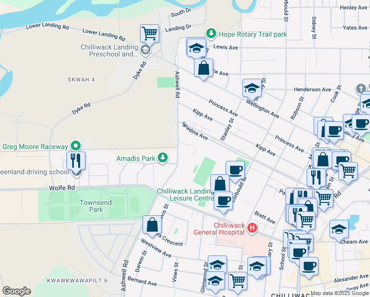 map of restaurants, bars, coffee shops, grocery stores, and more near 9326 Ashwell Road in Chilliwack