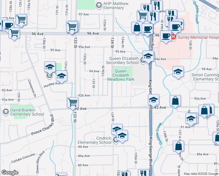 map of restaurants, bars, coffee shops, grocery stores, and more near 9309 134 Street in Surrey