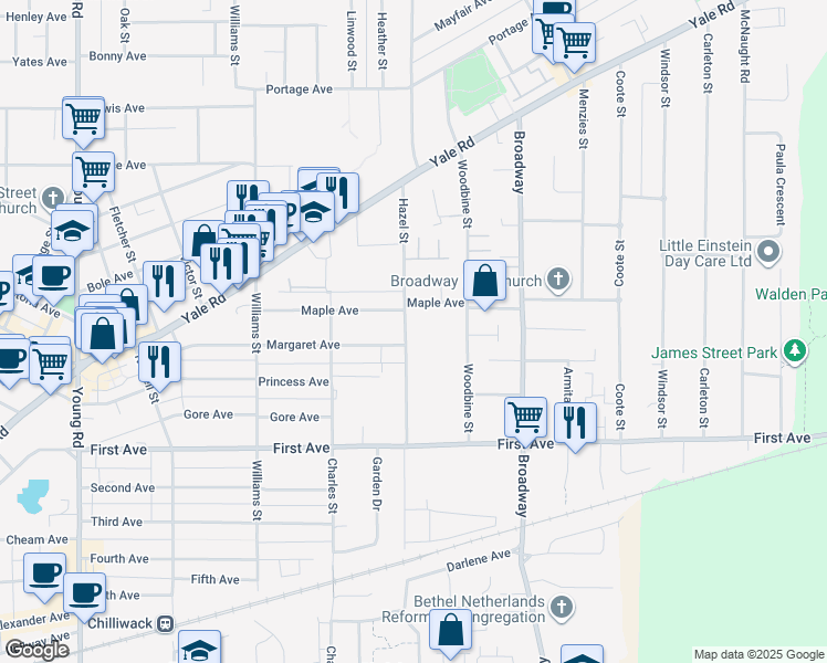 map of restaurants, bars, coffee shops, grocery stores, and more near 9342 Hazel Street in Chilliwack