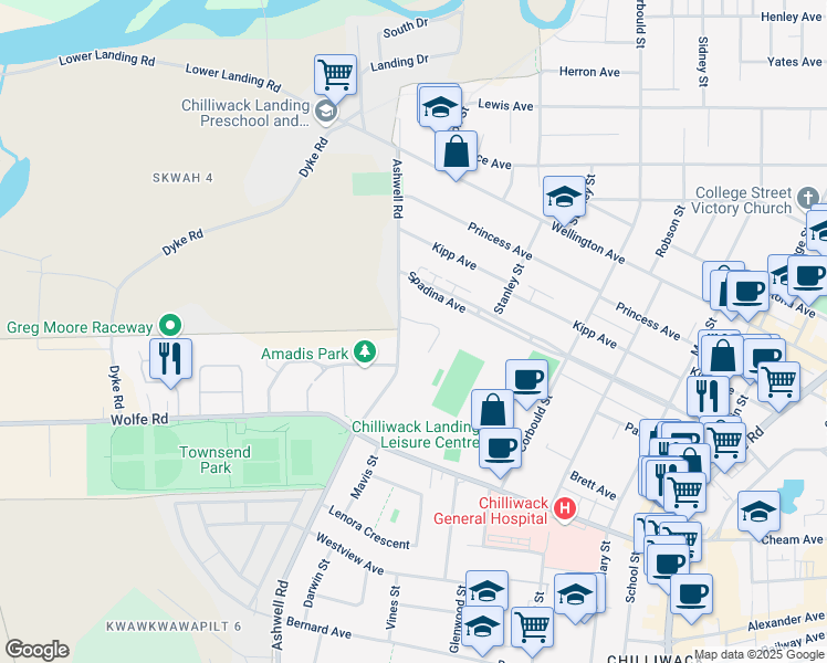 map of restaurants, bars, coffee shops, grocery stores, and more near 45400 Jackson Street in Chilliwack
