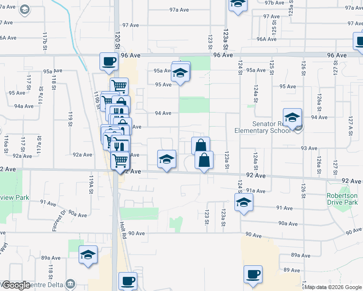 map of restaurants, bars, coffee shops, grocery stores, and more near 9264 122 Street in Surrey