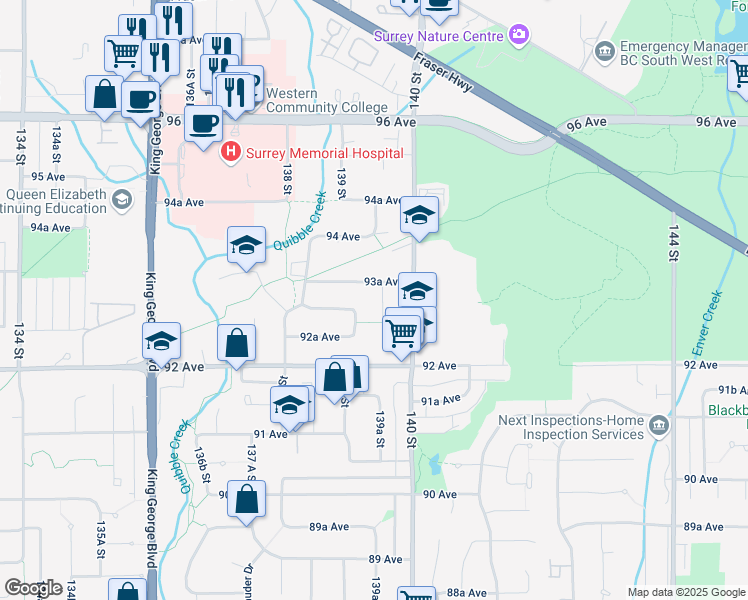 map of restaurants, bars, coffee shops, grocery stores, and more near 9315 Monkland Place in Surrey