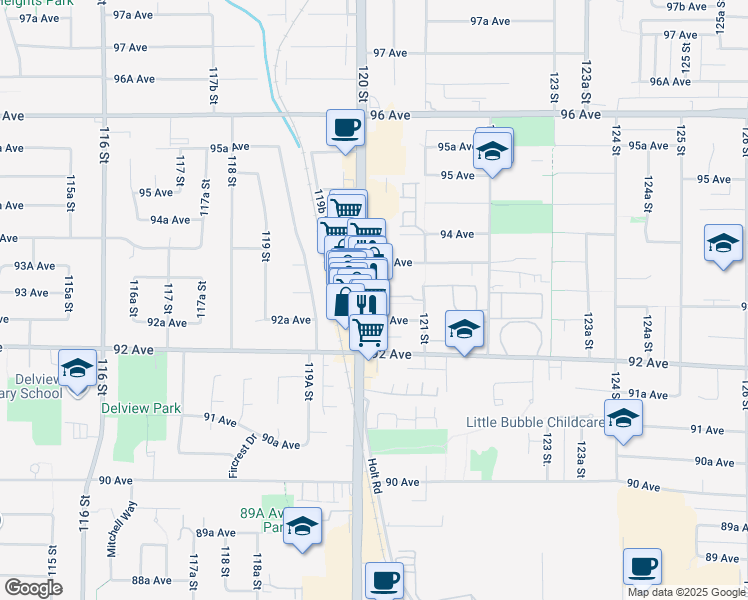 map of restaurants, bars, coffee shops, grocery stores, and more near in Surrey