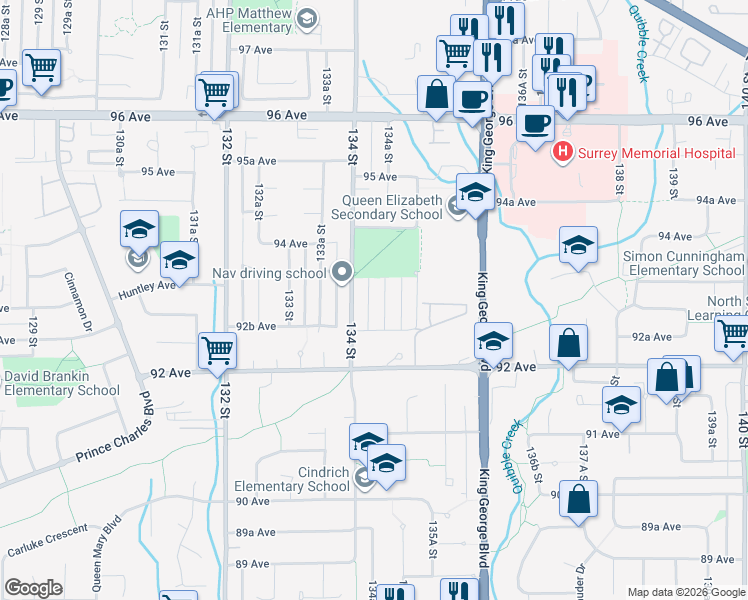 map of restaurants, bars, coffee shops, grocery stores, and more near 9309 134A Street in Surrey