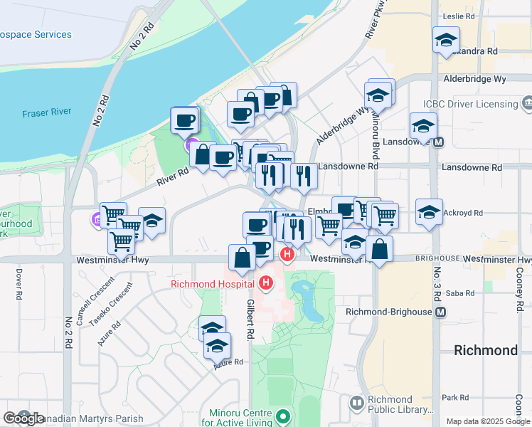 map of restaurants, bars, coffee shops, grocery stores, and more near 5766 Gilbert Road in Vancouver