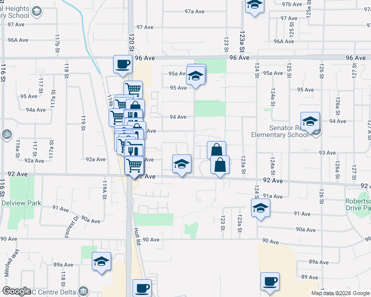 map of restaurants, bars, coffee shops, grocery stores, and more near 9279 122 Street in Surrey