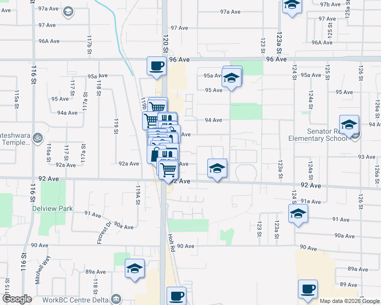 map of restaurants, bars, coffee shops, grocery stores, and more near 9277 121 Street in Surrey